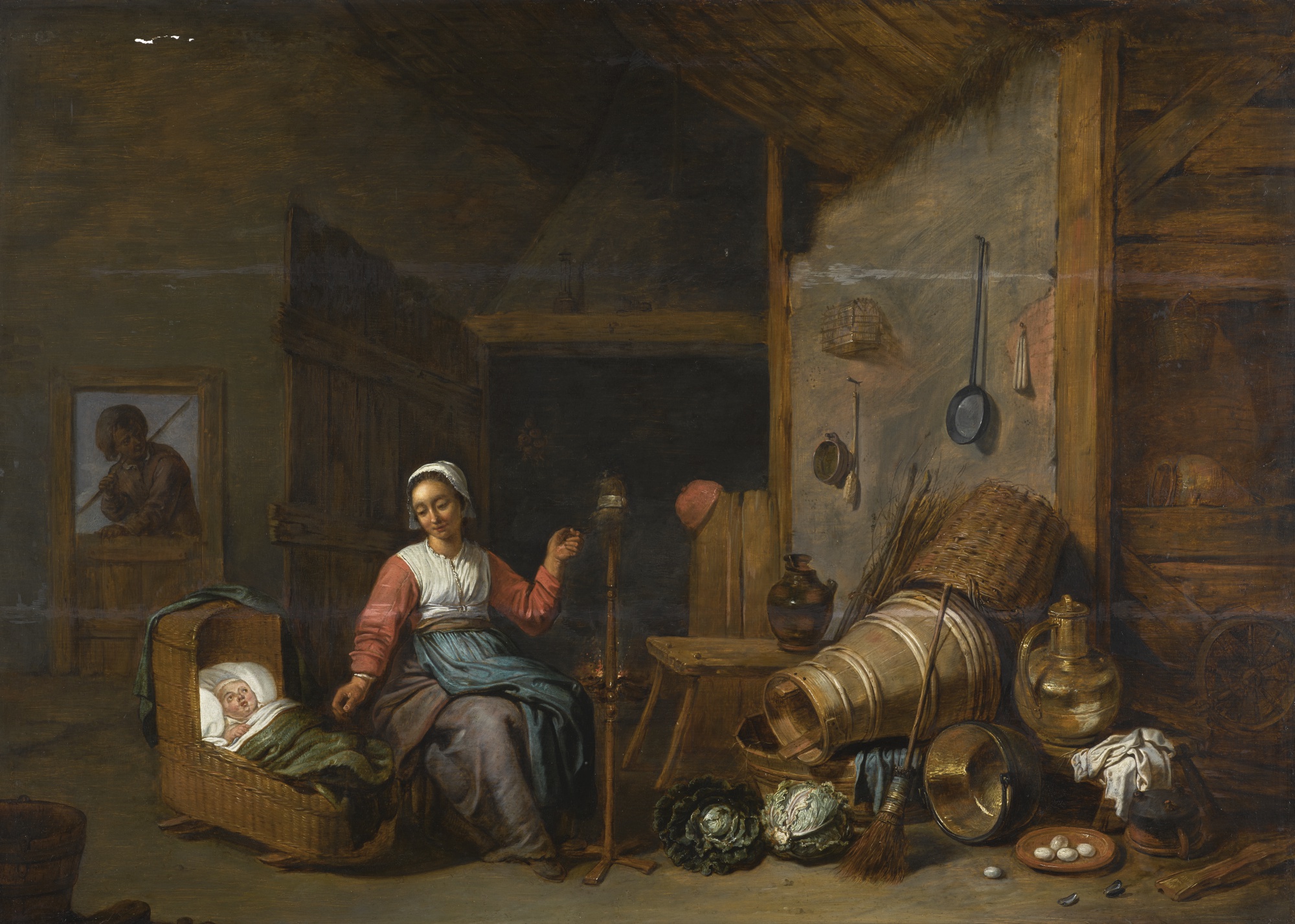 interior-with-a-mother-spinning-yarn-by-a-cradle