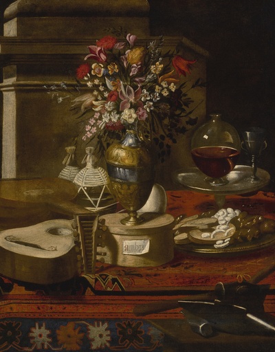 still-life-of-a-vase-of-flowers-musical-instruments-two-flasks-a-dish-with-sweets-and-other-objects-on-a-table