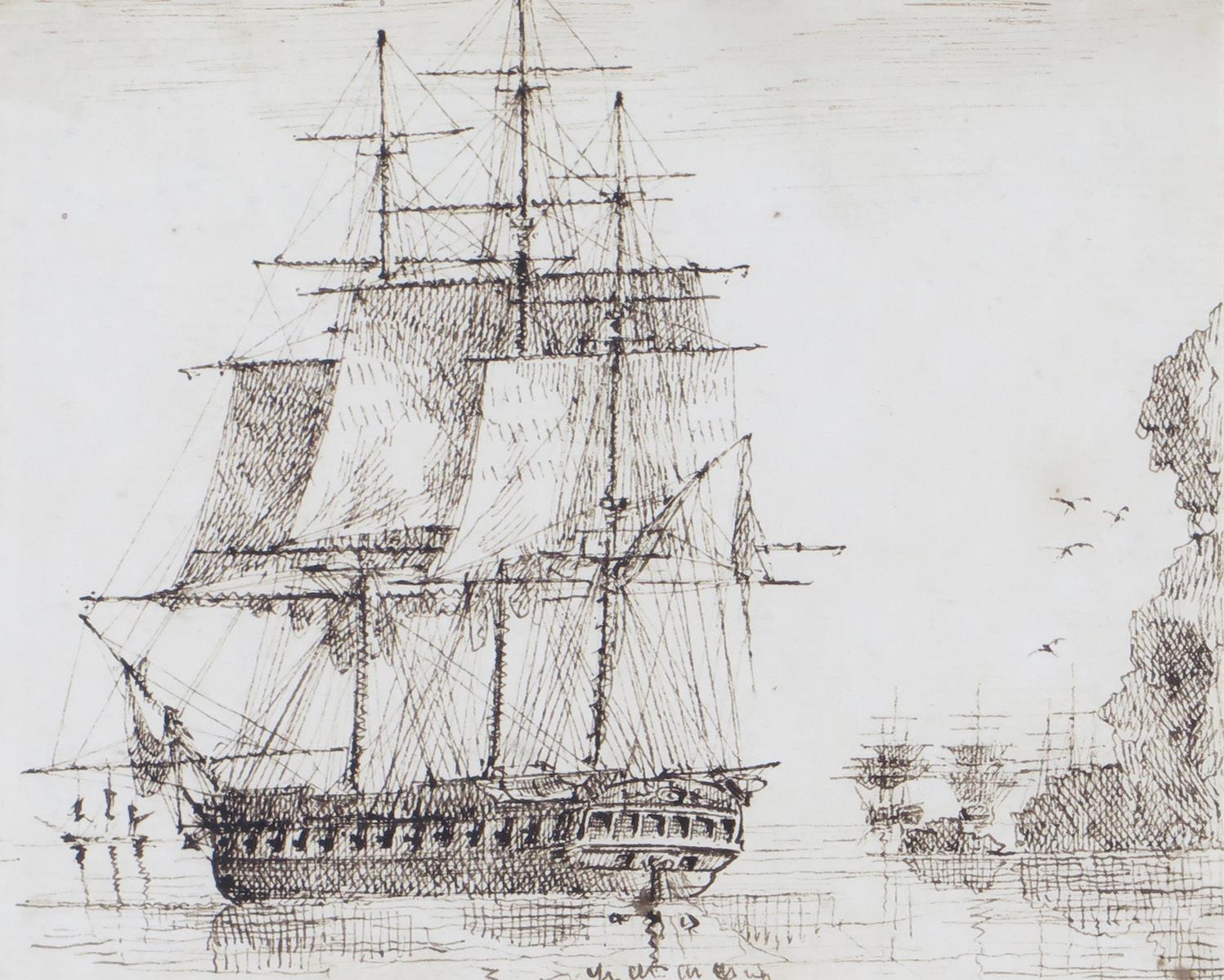 a-frigate-in-calm-waters-off-a-headland-possibly-st-helena