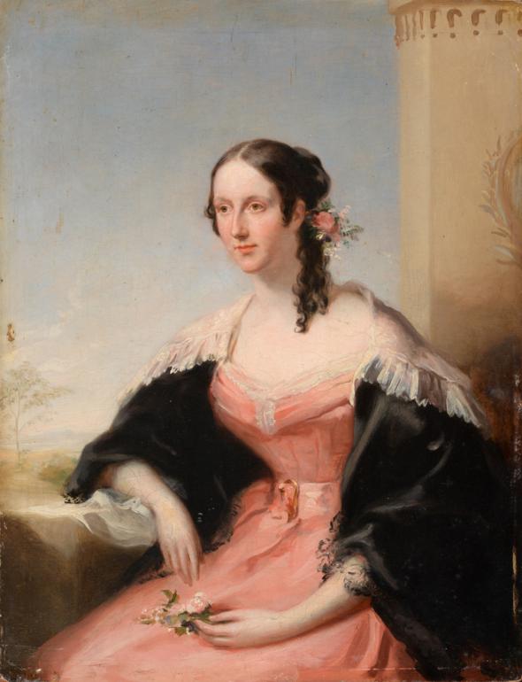 portrait-of-an-elegant-lady-three-quarter-length-seated-wearing-a-pink-satin-gown-with-a-black-shawl-and-a-corsage-of-flowers