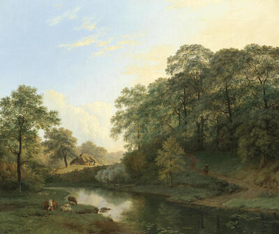 wooded-landscape-with-a-figure-and-livestock-by-a-river-a-thatched-cottage-in-the-distance