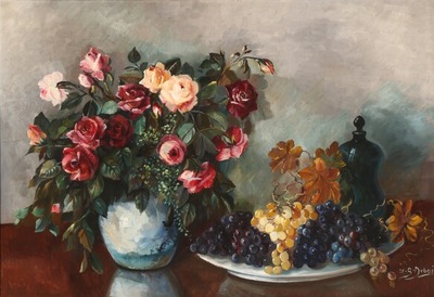 still-life-with-grapes-a-bottle-and-a-bouquet-of-roses-in-a-vase