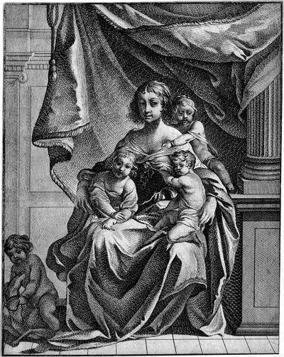 charite-junge-mutter-umgeben-von-ihren-vier-kindern-unter-einem-baldachin
