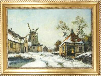 danischer-maler-verschneites-dorf-mit-windmuhle