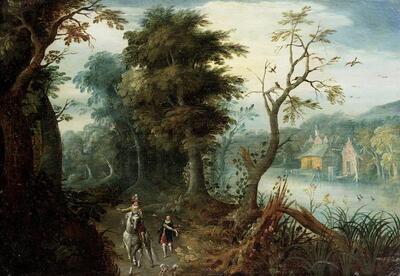 a-wooded-landscape-with-an-elegant-figure-on-horseback-before-a-river