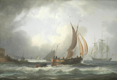 a-dutch-merchant-vessel-with-a-british-naval-ship-in-coastal-waters