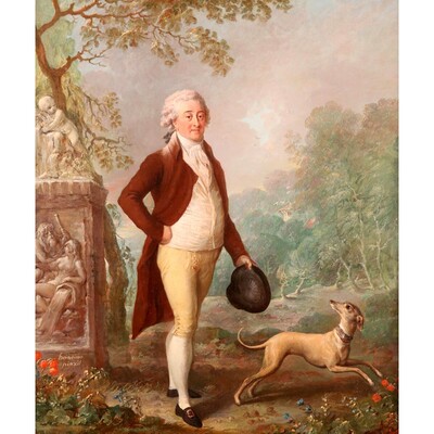 portrait-of-a-gentleman-in-a-park-with-his-dog-beside-him