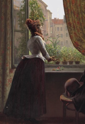 a-young-elegantly-dressed-woman-looking-out-of-the-window