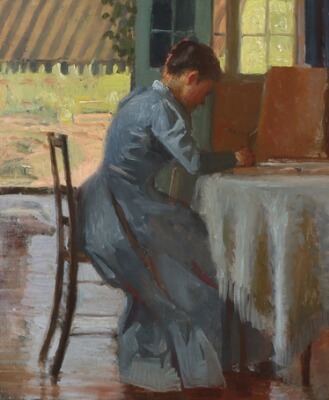 interior-with-a-young-woman-writing