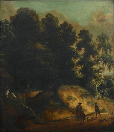 a-wooded-landscape-with-huntsmen-and-their-dogs-on-a-track