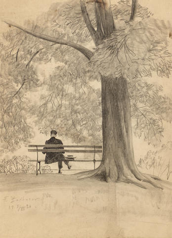 two-drawings-man-on-park-bench-and-woman-with-baby-carriage