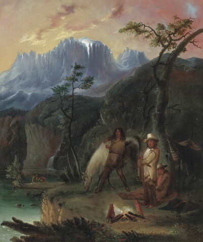trappers-around-a-campfire-with-the-wind-river-mountains-of-the-rockies-in-the-background