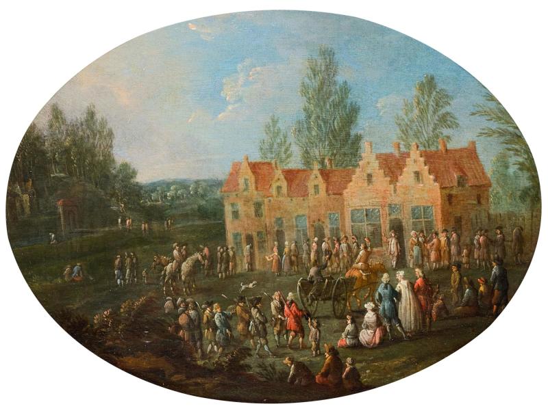 figures-gathered-by-a-large-country-house-a-landscape-beyond