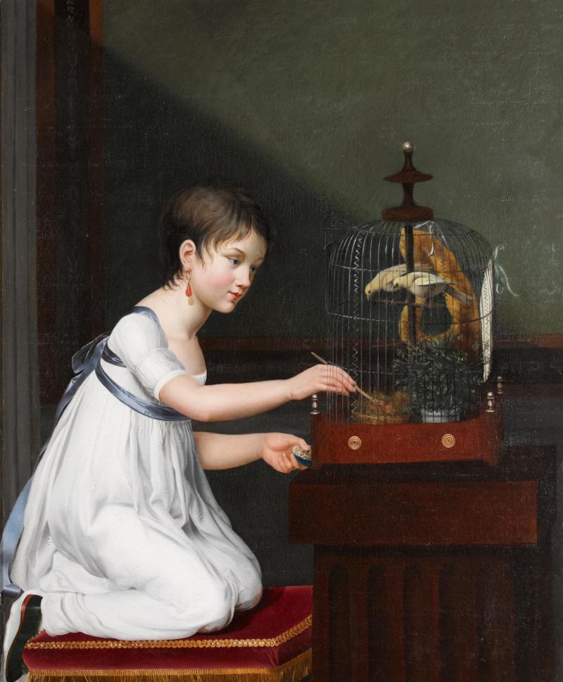 a-young-girl-in-a-white-dress-with-a-green-sash-kneeling-by-a-bird-cage-while-tending-to-her-birds
