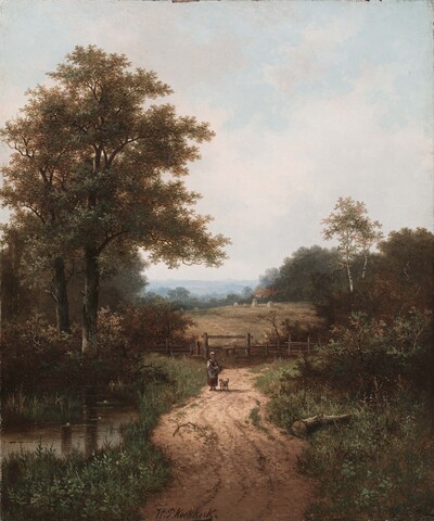 walker-with-her-dog-in-a-summer-landscape