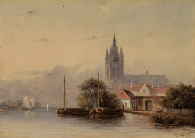 moored-boats-near-the-oude-kerk-of-delft