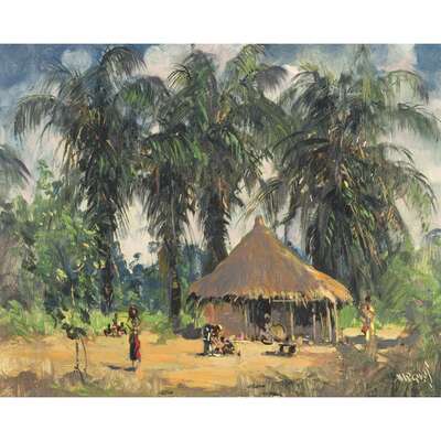 hut-and-figures-beneath-palm-trees